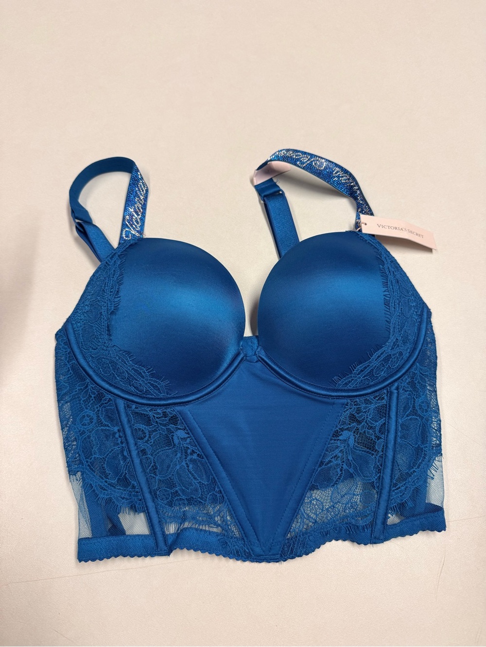 Victoria’s Secret Blue Lace Longline Push-Up Bra Rhinestone Straps 34B NWT